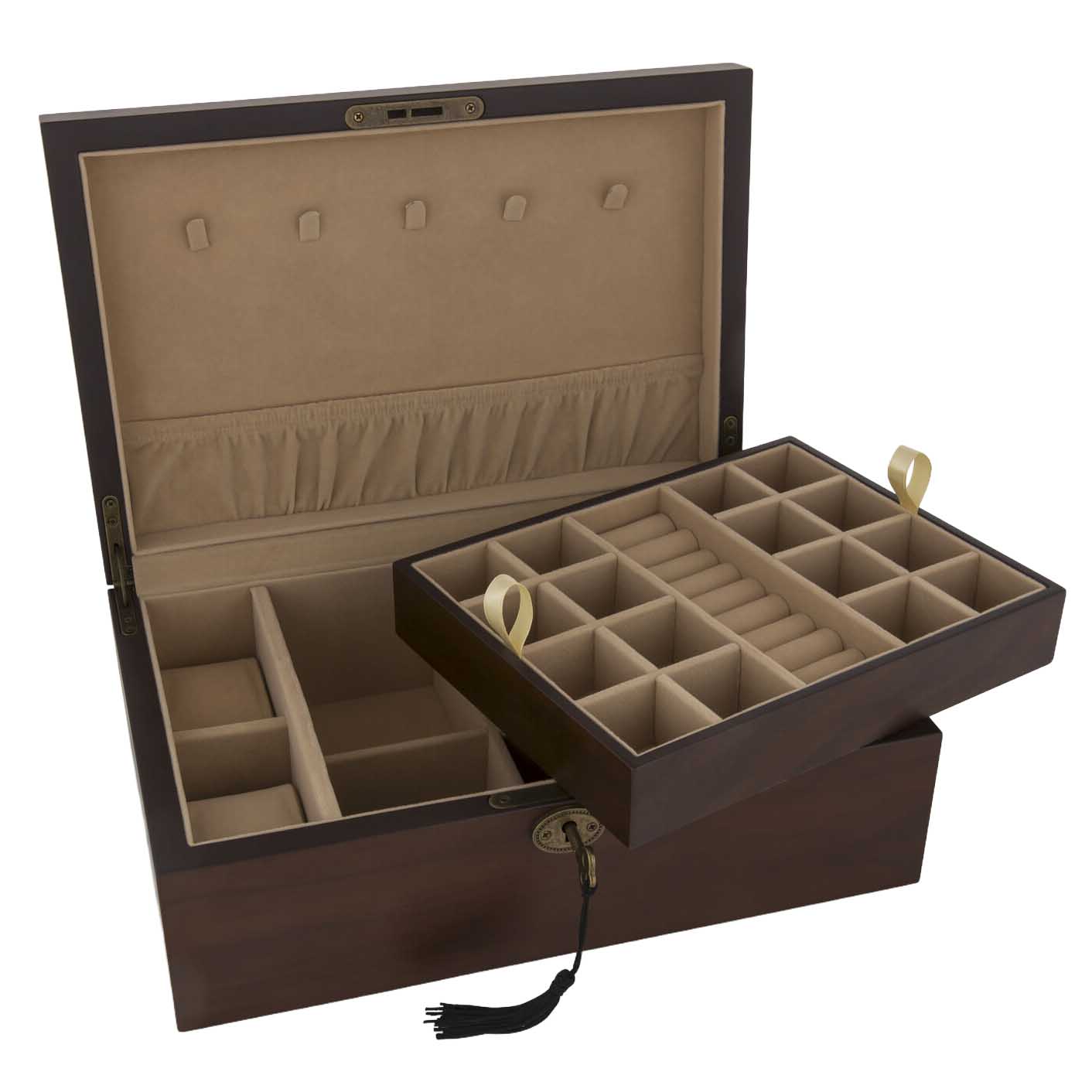 Double Layer Lockable Jewellery Box Matt Walnut 30x20x10cm